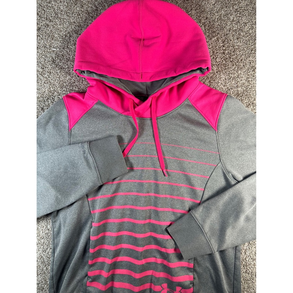 Under Armour Storm Hoodie Womens Medium Gray Pink Striped Pullover Sweatshirt